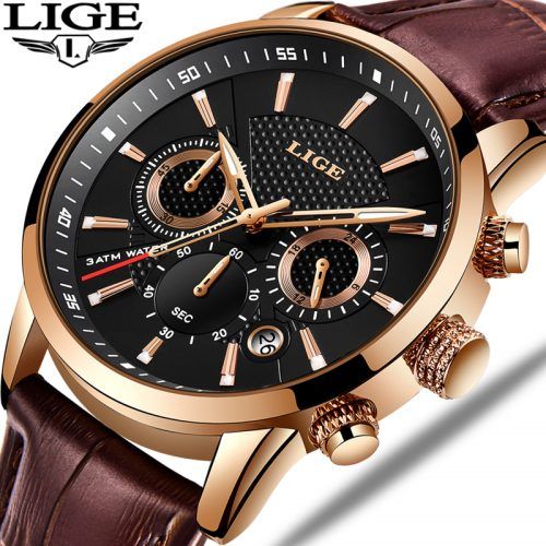LIGE 9866 Stainless Steel MenLeather Chronograph Watch for Men -Golden Black 2021