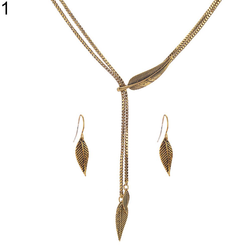 Vintage Women Long Chain Leaf Pendant Necklace Hook Drop Earrings Jewelry Set