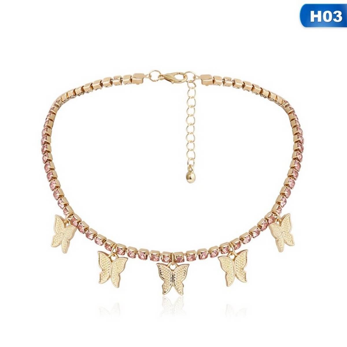 New Luxury Pink Pinky Clear Cz Tennis Chain Butterfly Drop Charm Choker Necklace Girl Women Ladies Fashion Rock Hip Hop Jewelry