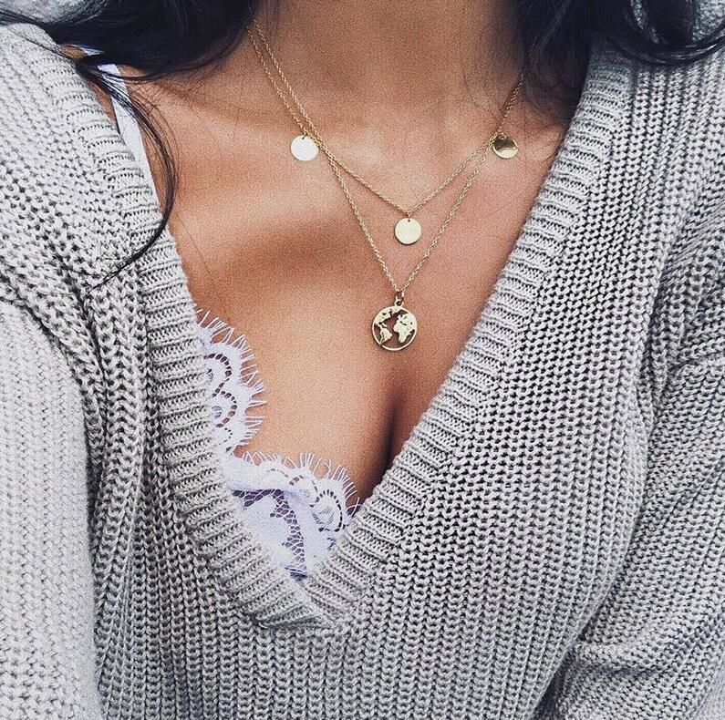 BOHO Multilayer Pendant Necklace Women Color Map Coin Long Choker Necklaces Ocean Jewelry 2019 Gift