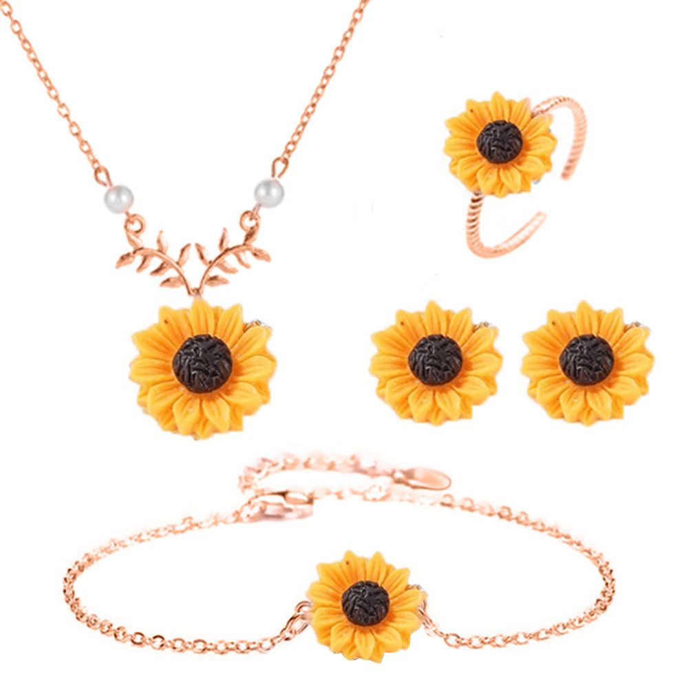3/5Pcs Lady Sunflower Leaf Faux Pearl Charm Necklace Earrings Bracelet Ring Set