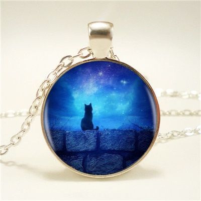 Cat Logo Pendant Different Styles Moon Charm Handmade Round Necklace For Women Men Round Photo HZ1