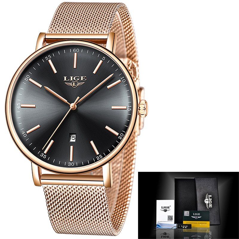 LIGE Mens Watches Top Brand Luxuryproof Ultra Thin Clock Blue Mesh Belt Fashon Casual Quartz