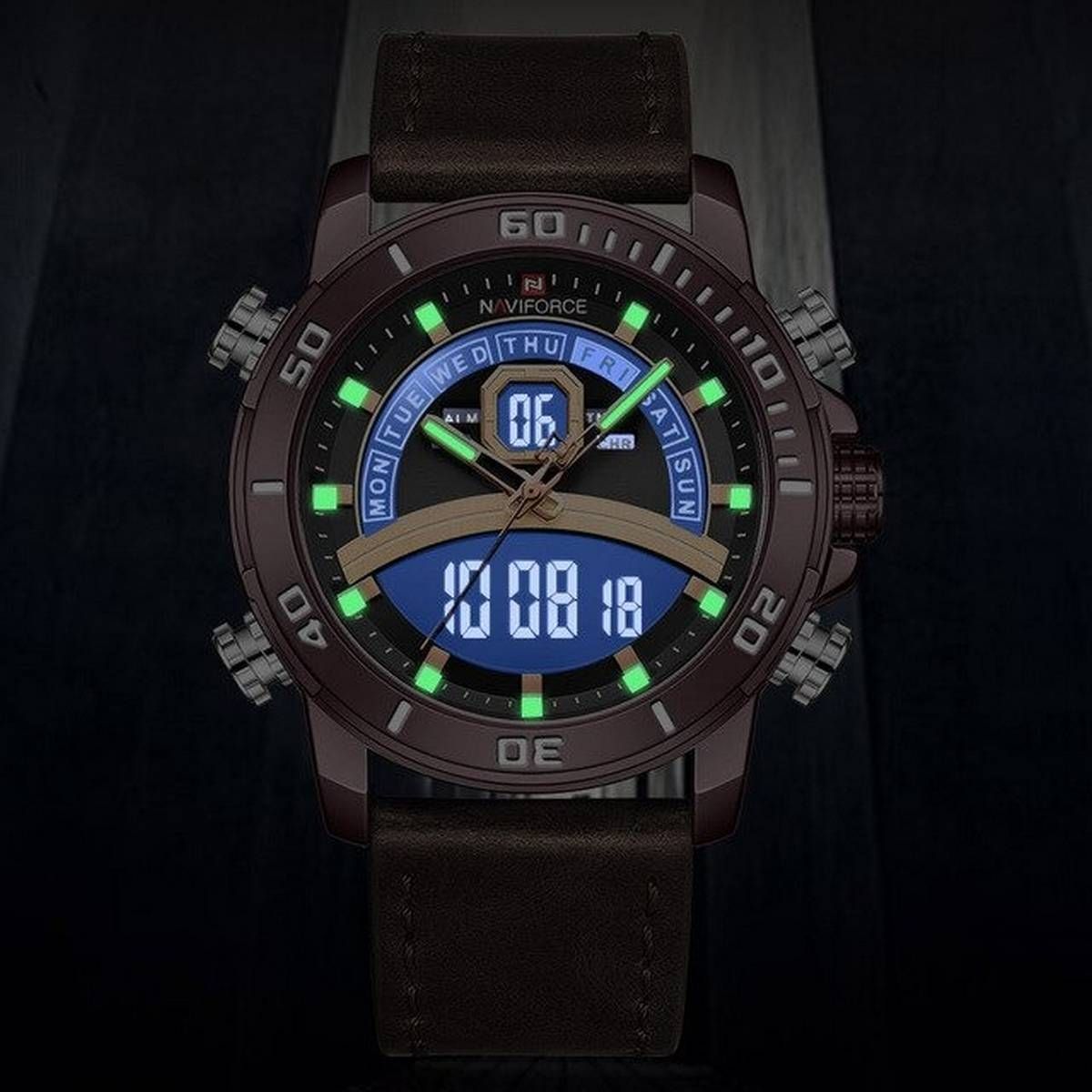 NAVIFORCE New Dual Display Quartz Wristwatches 9181L Leather Strap LED Digital Analog Men's Watches Waterproof