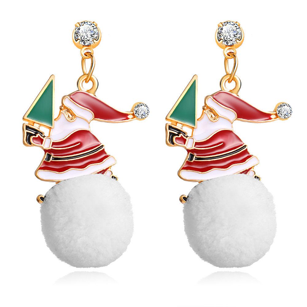 Women Fashion Cartoon Christmas Snowman Snowball Shape Hanging Pendant Earrings