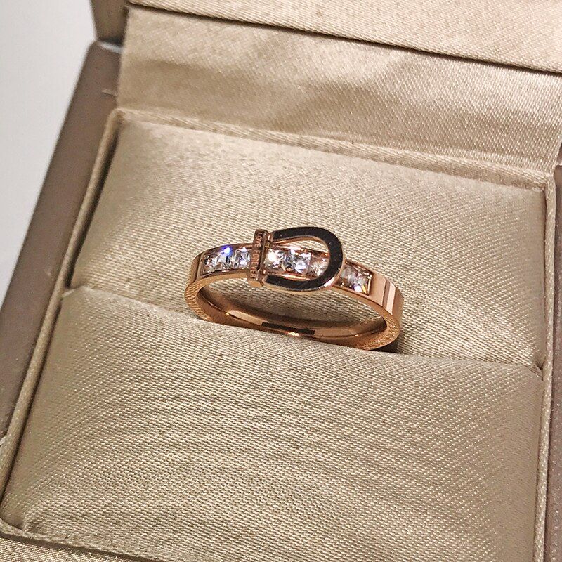 YUN RUO Fashion Pave Zirconia Crystal Belt Buckles Ring Rose Gold Color Woman Gift Titanium Steel Jewelry Not Fade Drop Shipping