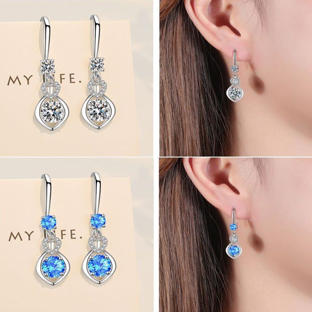 Woman Fashion Jewelry Blue Pink Heart Shaped Long Hook Earrings