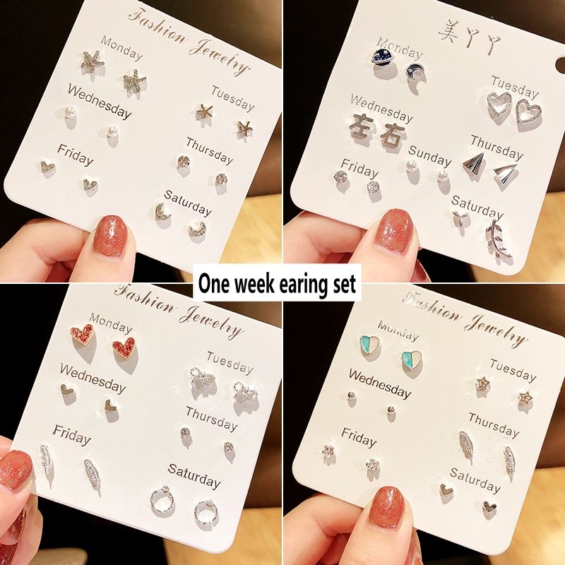 6Pcs/Set Fashion Simple Korean Stud Ea ing Pearl Crystal One Week Ins Stud Ea ings Set For Women Statement Heart Star Snowflake Flower Crystal Pearl One Week Minimalist Ea ings SetGift