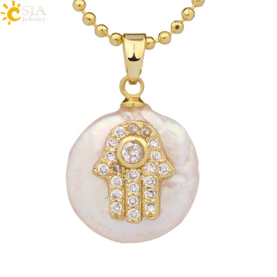 CSJA Coin Freshwater Pearl Pendants Small Size Evil Eye Hamsa Fatima Hand Zircon Gold Color Necklace Choker for Women Girls G205