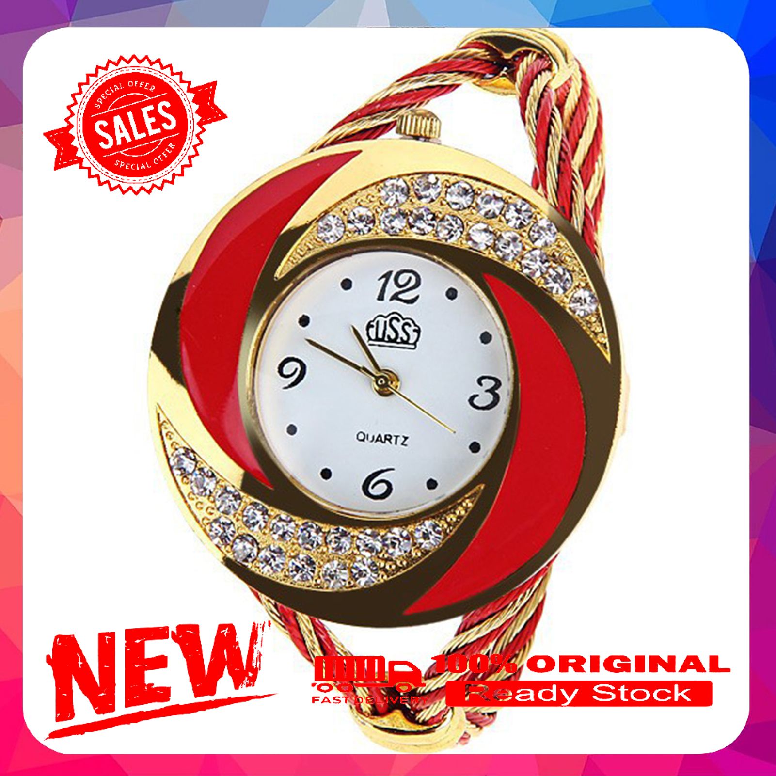 Wristwatch Spiral Waterproof Round Rhinestone Braid Bangle Watch for Gift