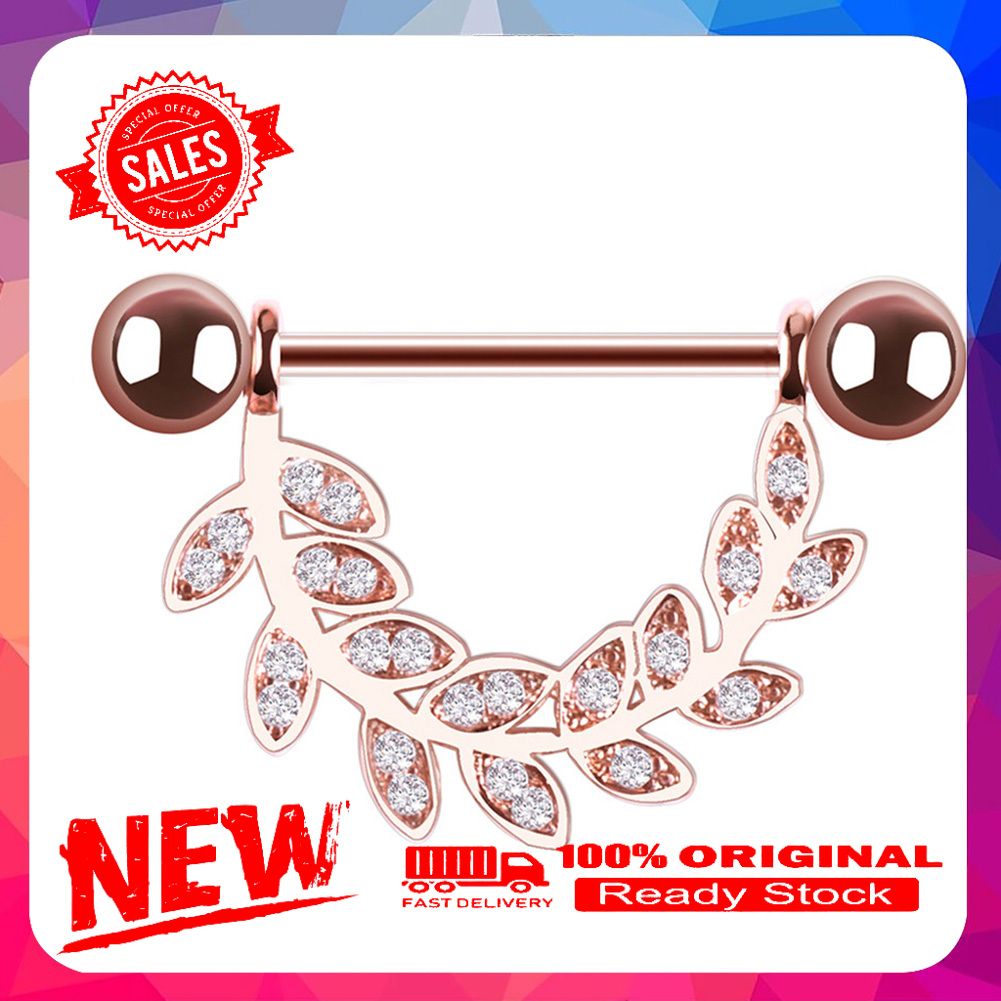 1Pc Women Rhinestone Inlaid Leaf Barbell Nipple Ring Body Piercing Jewelry Gift