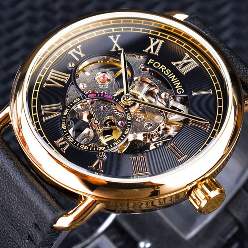 Yfashion Man Mechanical Watch Roman Numeral Skeleton Dial Leather Strap Wristwatch