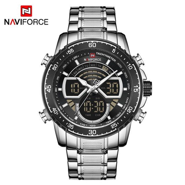 NAVIFORCE NF9189 LED Watches Top Brand Luxury Coffee Stainless Steel Sport Male Clock Digital Quartz