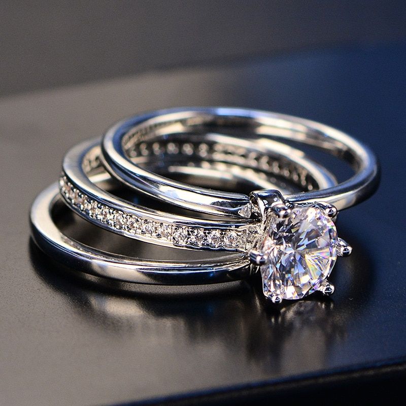 PANSYSEN 7mm Round White 4A Zircon Ring Set Genunie 925 Silver Jewelry Classic Promise Bridal Engagement Wedding Rings For Women