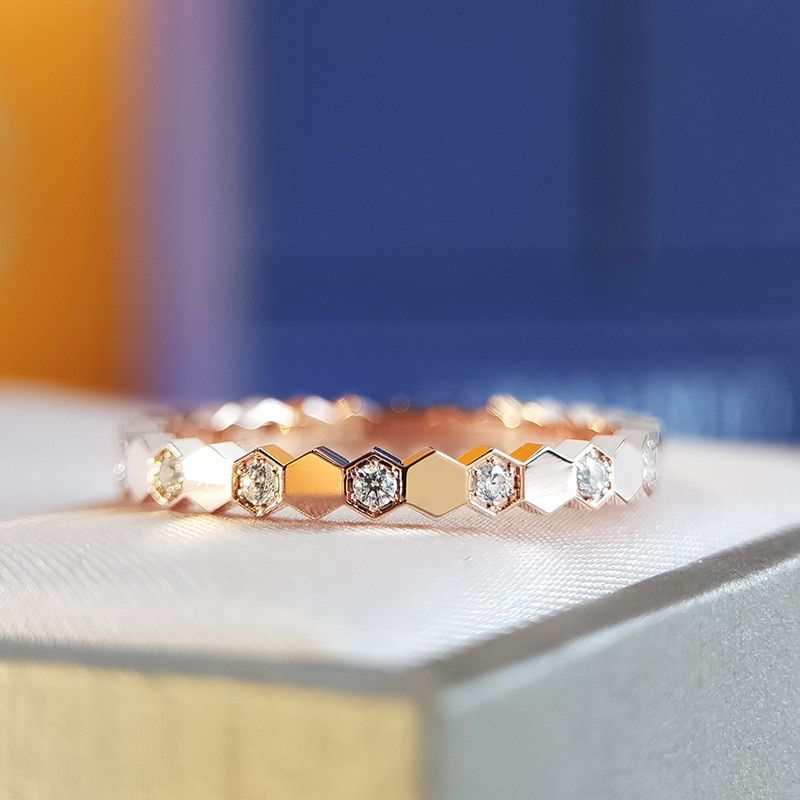 Honeycomb Rhinestone Rings Inlaid Light Luxury Simple Couples Anniversaries Gifts Hexagon Propose Marriage Fashion Jewelry Rings
