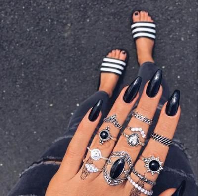 Docona Boho Finger Jewelry Crown Geometric Rhinestone Leaf Women Ring Sets Hollow Stacking Finger Rings Vintage Silver Color