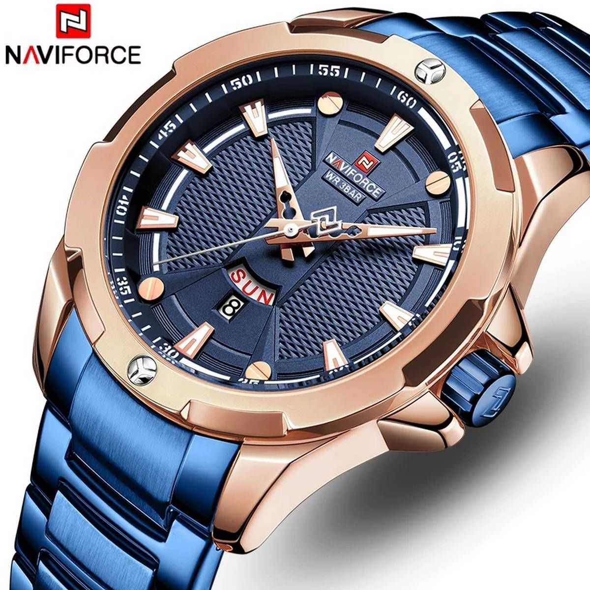 NAVIFORCE NF9161 Royal Blue Stainless Steel Analog Watch for Men - Rose Gold and Royal Blue