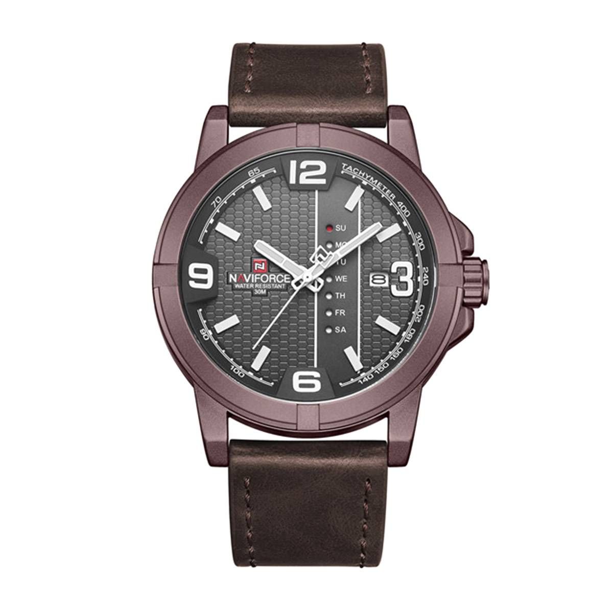 NAVIFORCE NF9177 Chocolate PU Leather Analog Watch For Men - Bronze and Chocolate