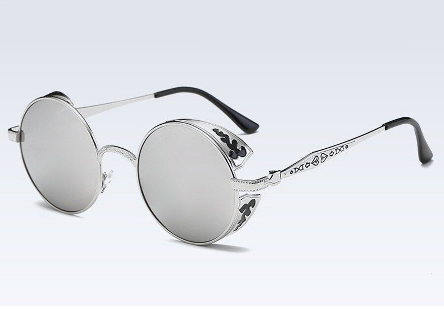 C7 Silver Silver MultiEmosnia Matal Frame Steampunk Sunglasses Man Round Vintage Brand Designer Ladies Sunglass Women Mirror Oculos De Sol Feminino