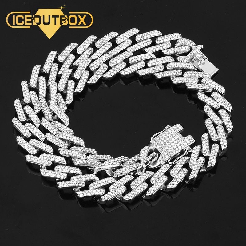 Miami Curb Cuban Men Hip Hop Necklace Full Of Rhinestone Silver Chain Iced Out Bling Punk Style Dropshipping