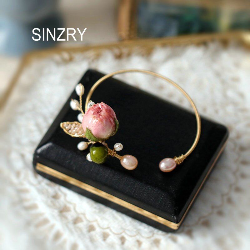 SINZRY creative handmade natural pearl preserved rose flower fashion charm cuff bangles unique popular pearl jewelry