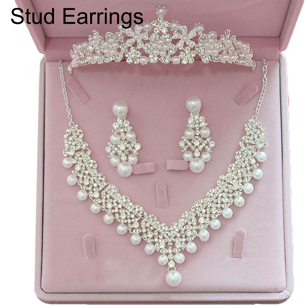 Women Faux Pearl Rhinestone Pendant Necklace Earrings Crown Tiara Jewelry Set