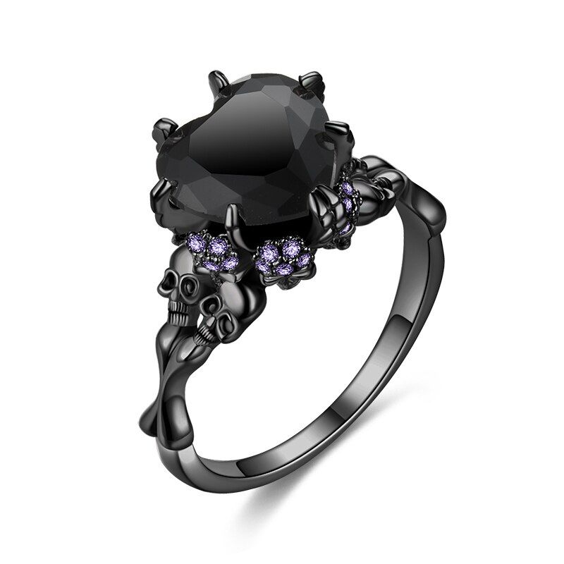 Vintage Heart Red Zircon Stone Skull Rings Fashion Black Jewelry Women Men's Punk CZ Skeleton Ring For Party Dropshipping