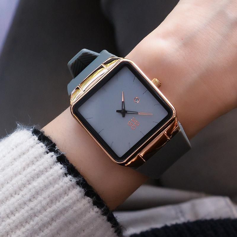 Fashion Luxury Brand Unisex Men Womens Watches Square Dial Silicone Strap Golden Case Lady Dress Quartz Watch Relogios Femininos