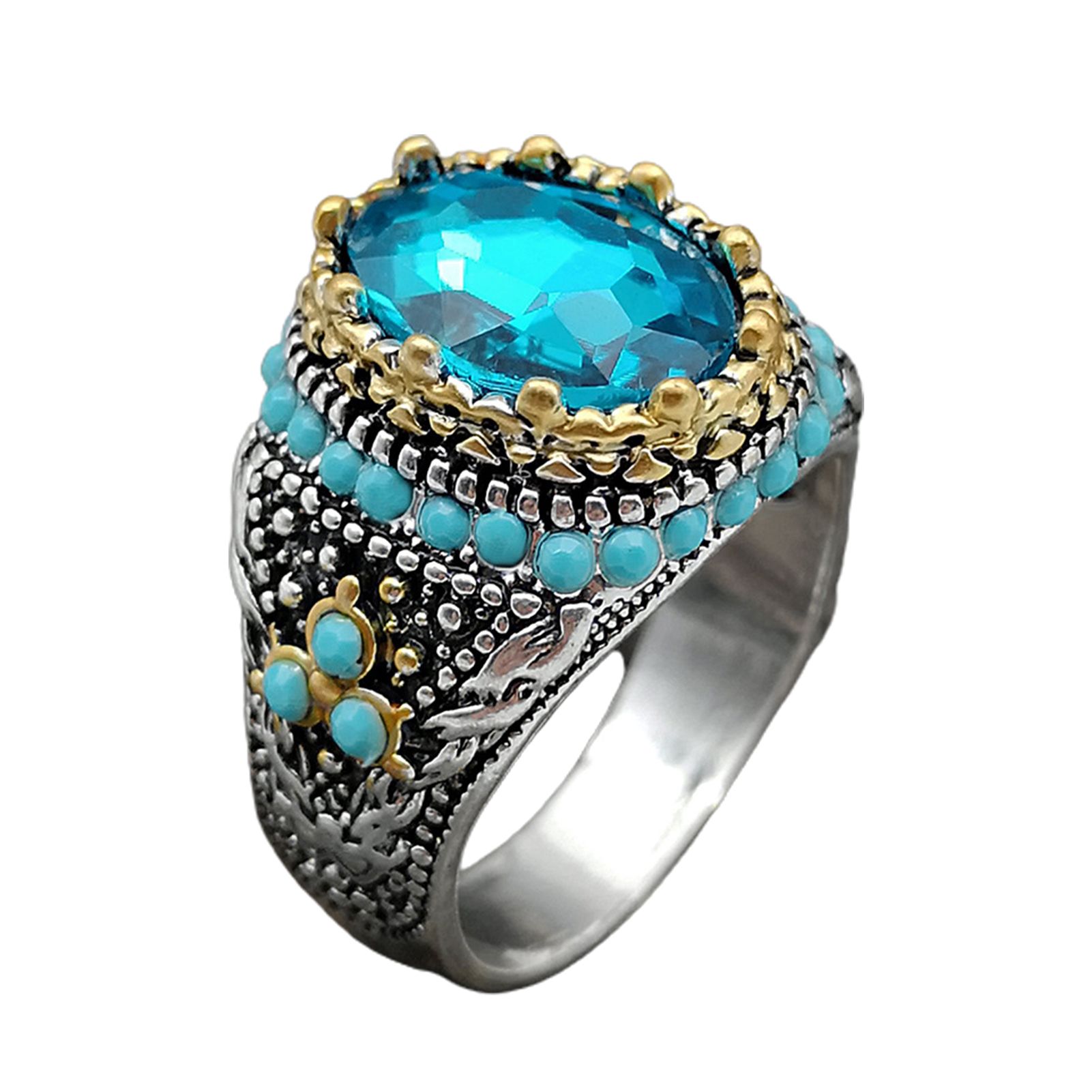 Men Ring Blue Rhinestone Faux Turquoise Sparkling Vintage Wedding Band Ring Jewelry Gifts