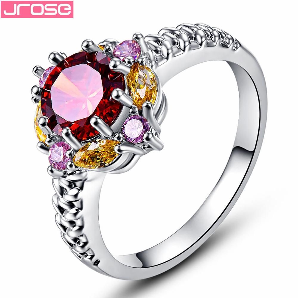 JROSE Flower Cluster Rings For Women Wedding Band Green & Red & Pink CZ Jewelry Female Engagement Ring 6 to 13 Women Gift