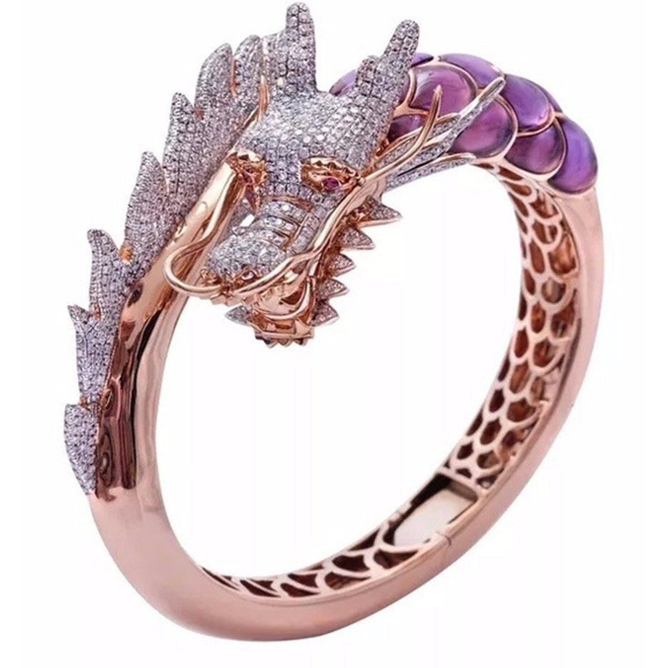 European And American B Domineering Dragon Head Diamond Ring 18K Rose Gold Plated Two-Tone Ring Birthday Gift For Women