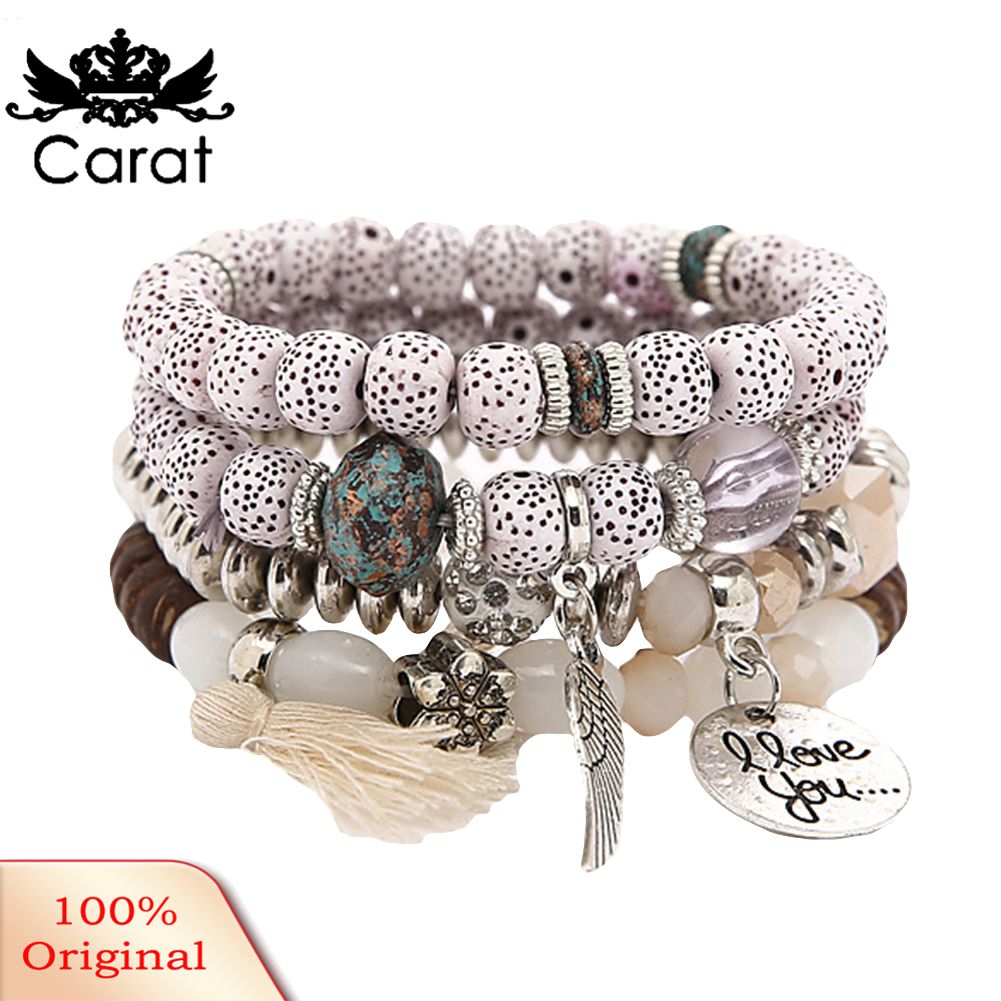 Bohemian Women Tassel Wing Disc Charm Natural Stone Beaded Multilayer Bracelet