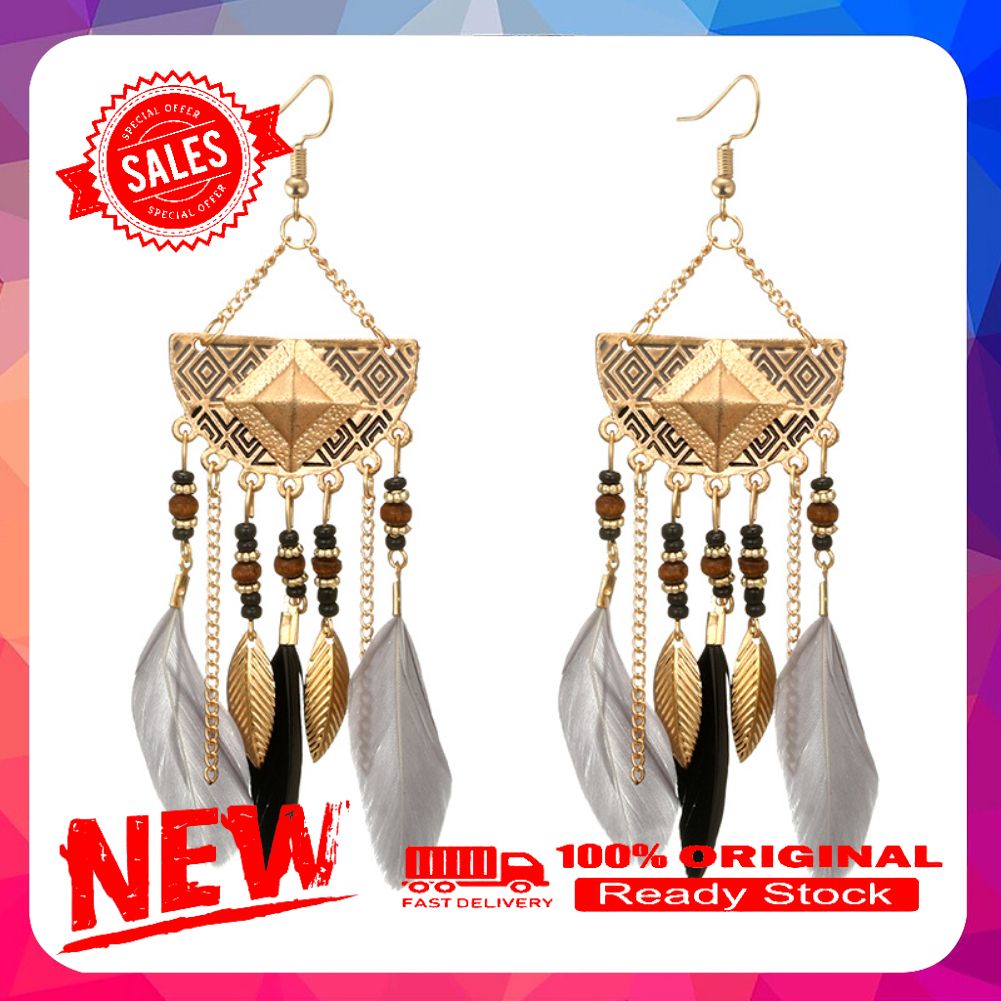 Bohemian Women Fan Shaped Beaded Tassel Feather Statement Hook Earrings Jewelry
