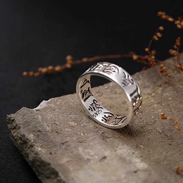 2020 Hot Fine Jewelry Silver Color Vintage Ring Buddhist Classic Six Character Mantra For Men Women Couple Wedding Ring