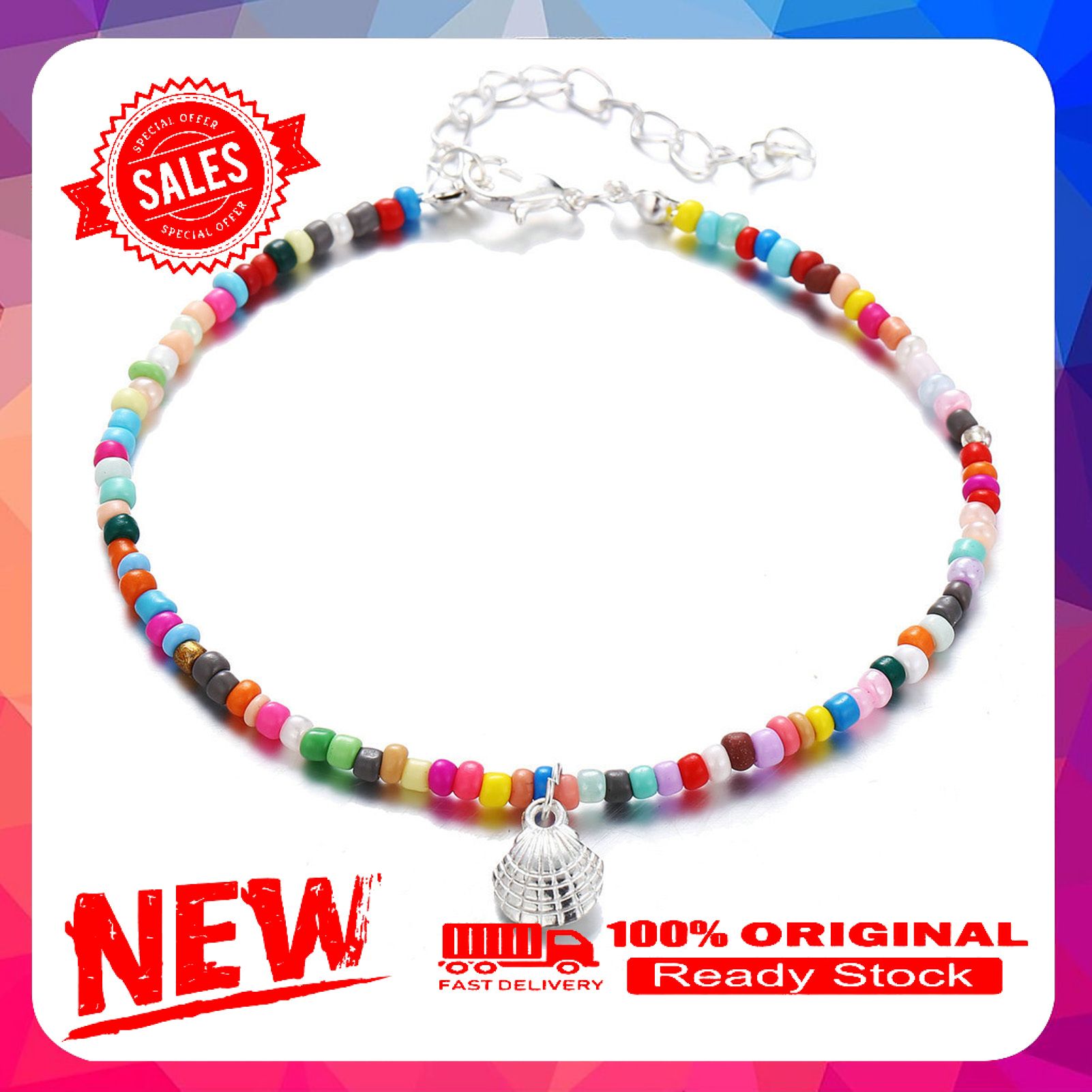Women Anklet Scallop Shape Pendant Colorful Beads Jewelry Lightweight All Match Bohemian Anklet for Beach