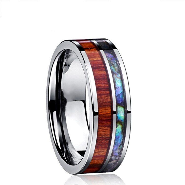 Titanium Ring for Men 8mm Groove Hawaiian Wood and Abalone Shell Tungsten Carbide Engagement Wedding Rings Size 6-13