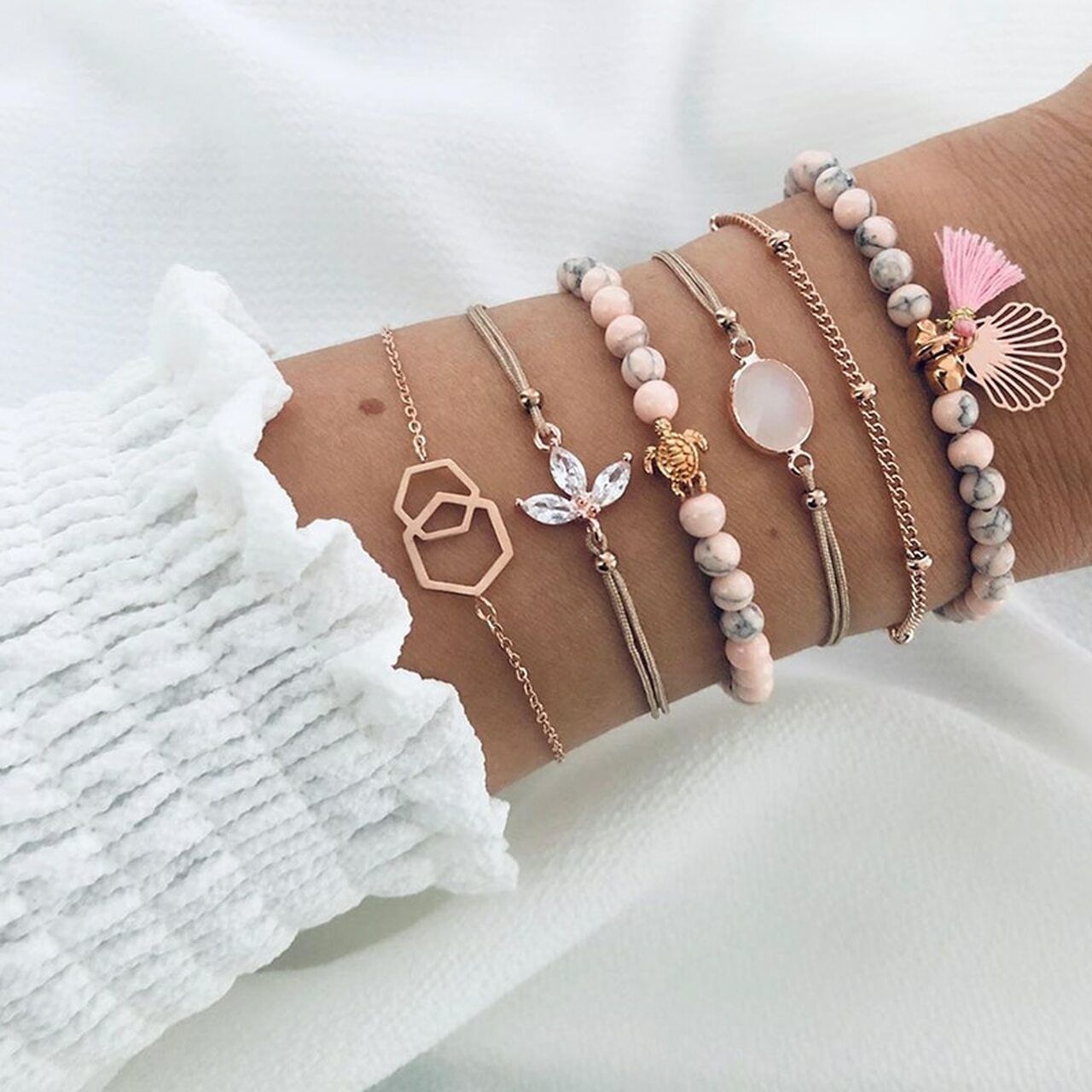 6 Pcs Set Ladies Bracelets fro Women Beaded Turtle Shell Fashion Tassel Charm Bracelets Jewelry Set anklets - Bracelet For Women