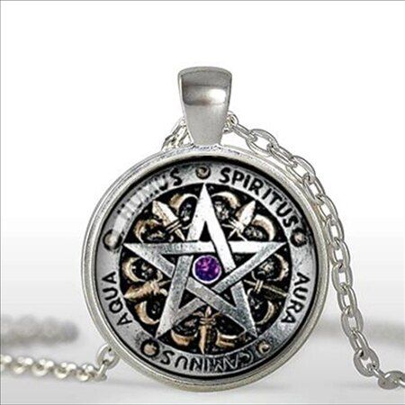 Wiccan Necklace black magick Pagan Pentagram Jewelry Glass Dome Pendant Necklace wholesale 2017 A-010 HZ1