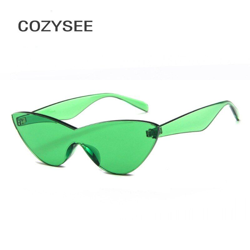 GREENBlue Green Cat eye Plastic Sunglasses Women One Piece Candy Color Rimless Shades Luxury Designer Sun Glasses Female Oculos