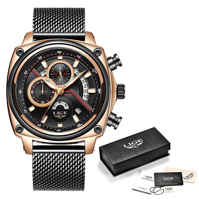 LIGE Mens Watches Top Brand Luxury Casual Mesh Belt Black Clock Male Sports Watch For Men