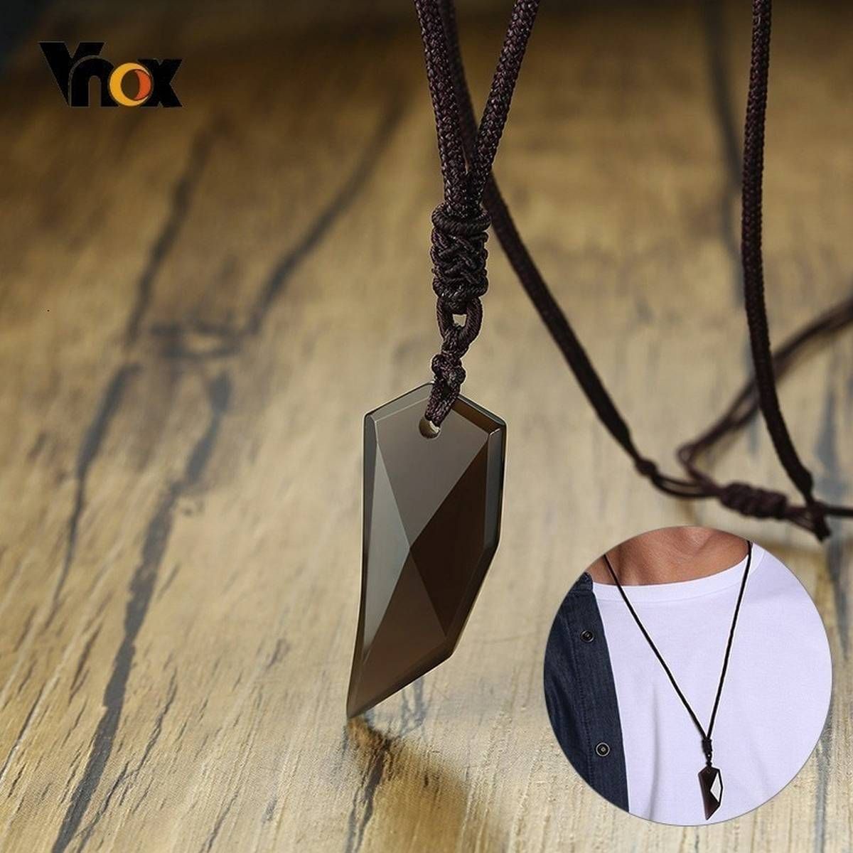 Vnox Obsidian Wolf Tooth Pendant Vintage Spike Necklaces for Women Men With Adjustable Rope Chain Punk Collier