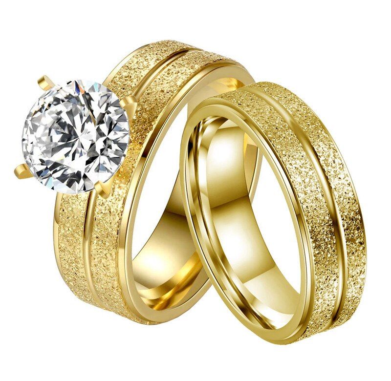 New Design Stainless Steel Couple Ring Golden Double-Rowed Frosted Woman Men Ring Zircon Crystal Wedding Ring