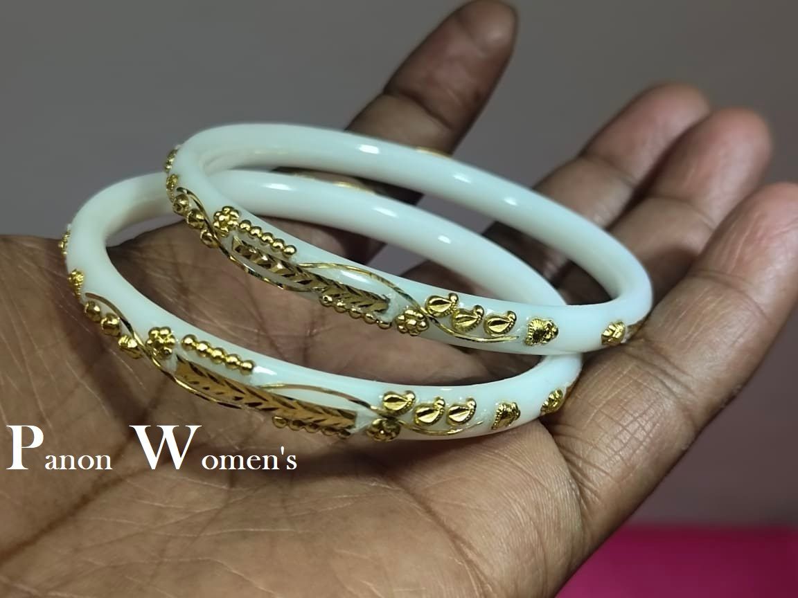 White Plastic Sakha Pola With Golden Plated 2Pcs Pola Bangles for Women. Party , Wedding , Anniversary , Durga Puja & All Time Use Shakha Bangles. Model:CD80.