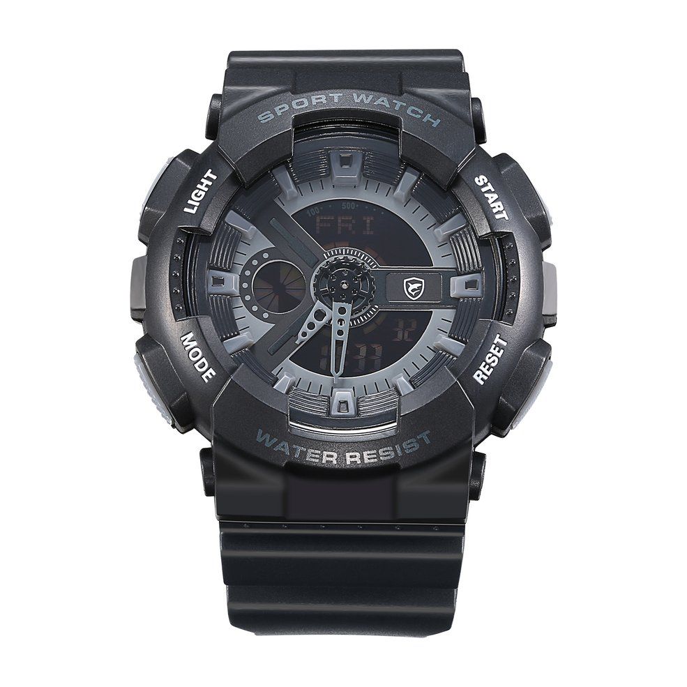 Black case black face gray word black tape double display quartz watch - Black Gray