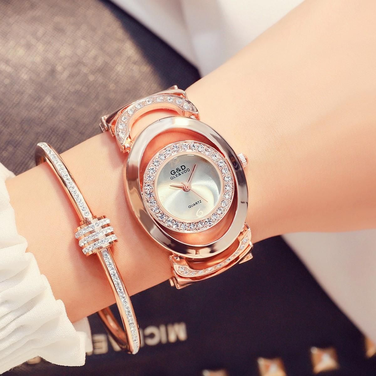 G&D brand Women Watch with CZ and metal Strap