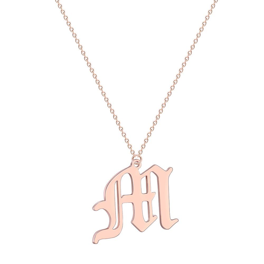 QIAMNI Stainless Steel Old English Alphabet 26 A-Z Letter Necklace Pendant Women Men Capital Initial Necklace Birthday Gift