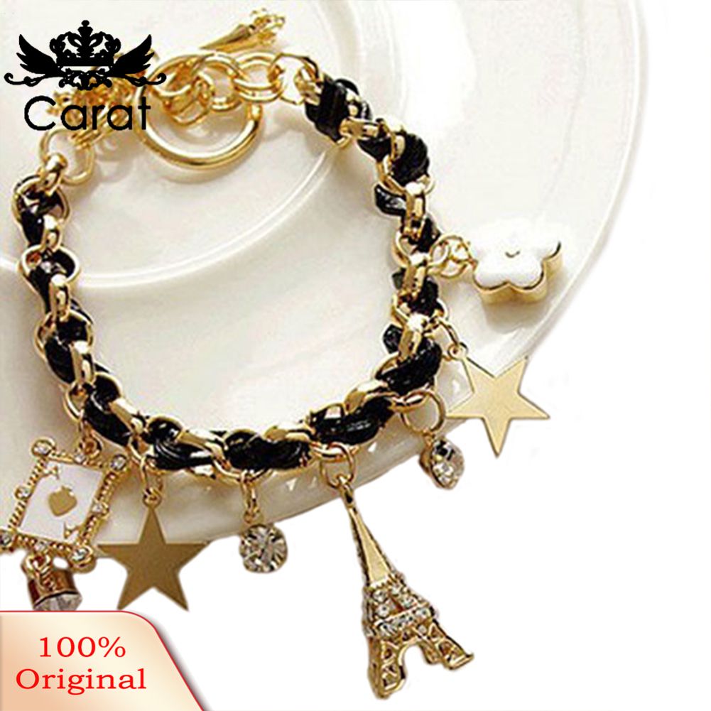 Women Fashion Eiffel Tower Stars Flower Pendants Faux Leather Brelet Jewelry