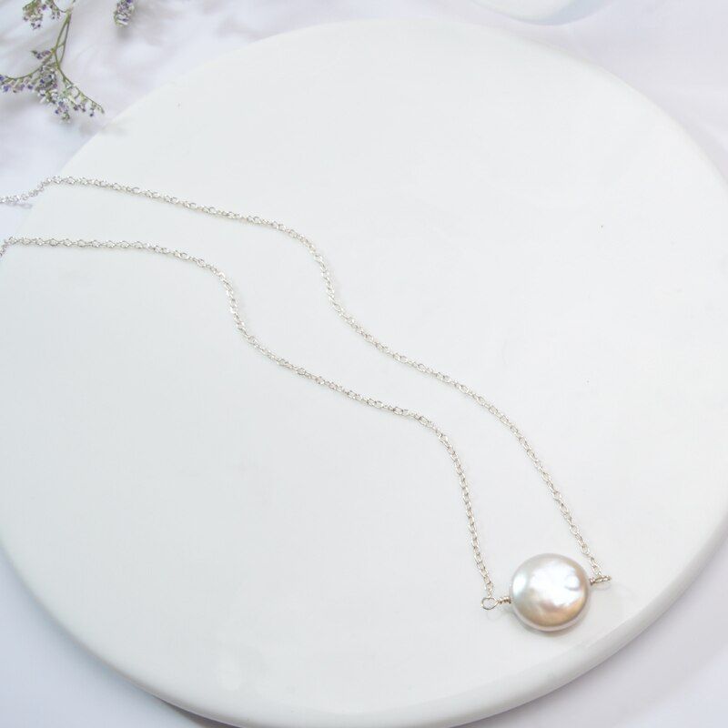ASHIQI Natural freshwater pearl 925 Sterling Silver Necklace 12-13mm Button shape pearl Jewelry For women