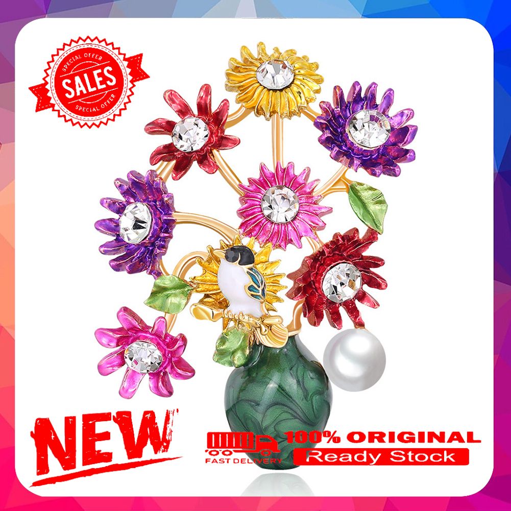 Fashion Women Flower Vase Rhinestone Inlaid Brooch Pin Corsage Lapel Jewelry