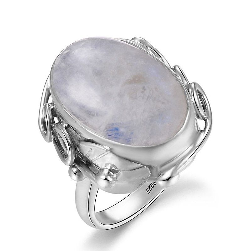 925 Sterling Silver Ring Natural Lapis Lazuli White Chalcedony Moonstone Gemstone Ring Large Stone 11x17MM Oval Gem